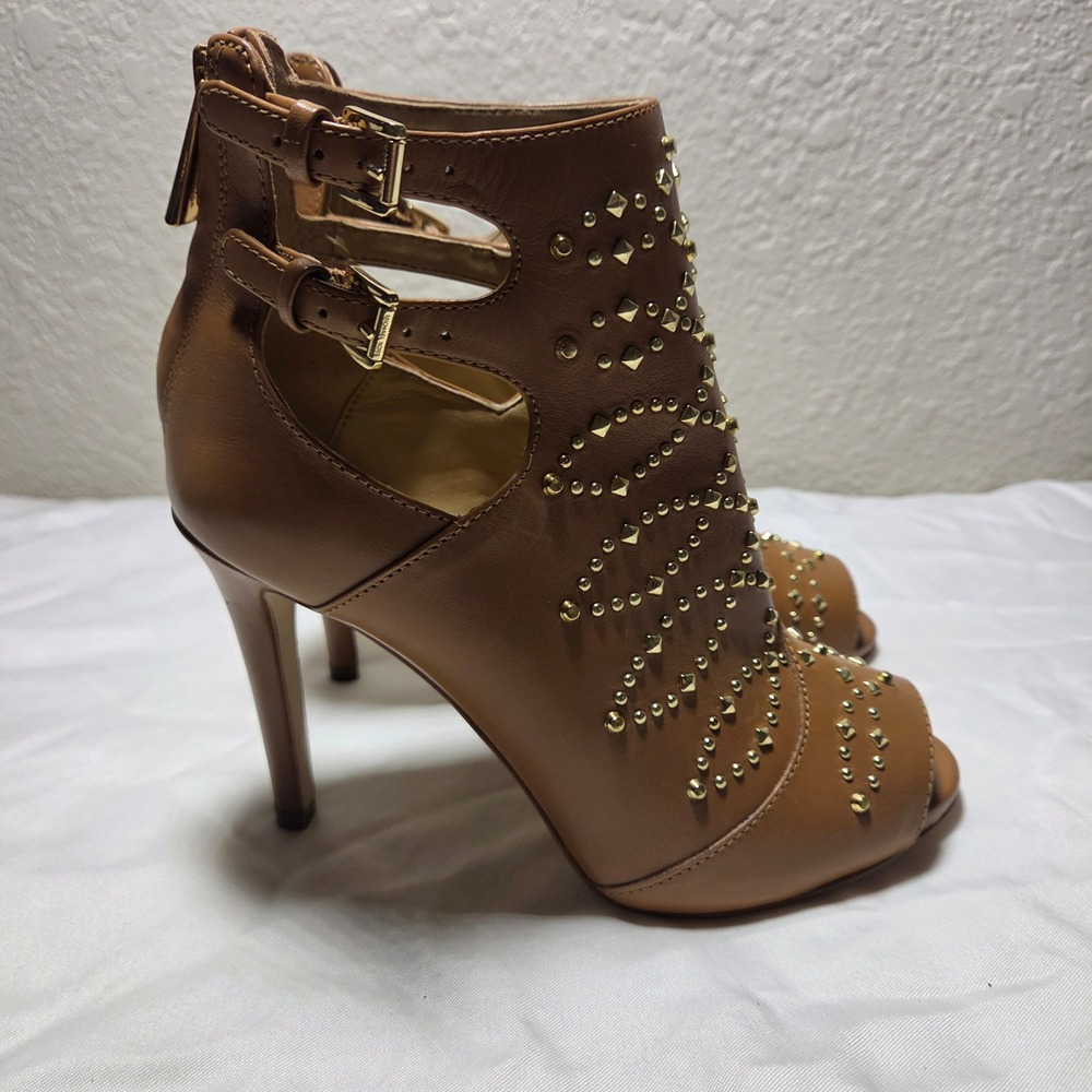 Michael Kors Tan Leather Studded Peep Toe Stiletto Booties PW18F 5.5M